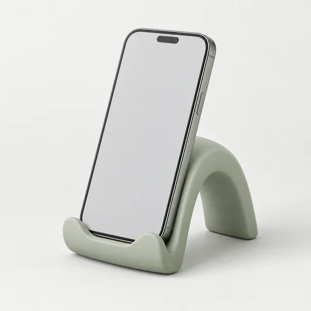 Concept render of a sage green arch-shaped phone stand holding a phone