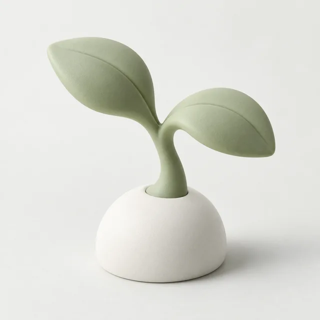 Concept render of a sculptural two-leaf green sprout in a rounded white base