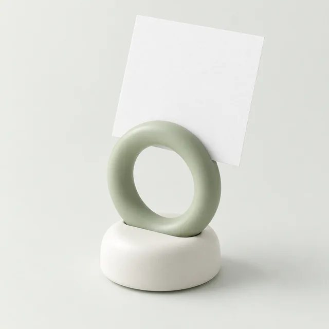 Concept render of a green loop note holder with a white base and blank note