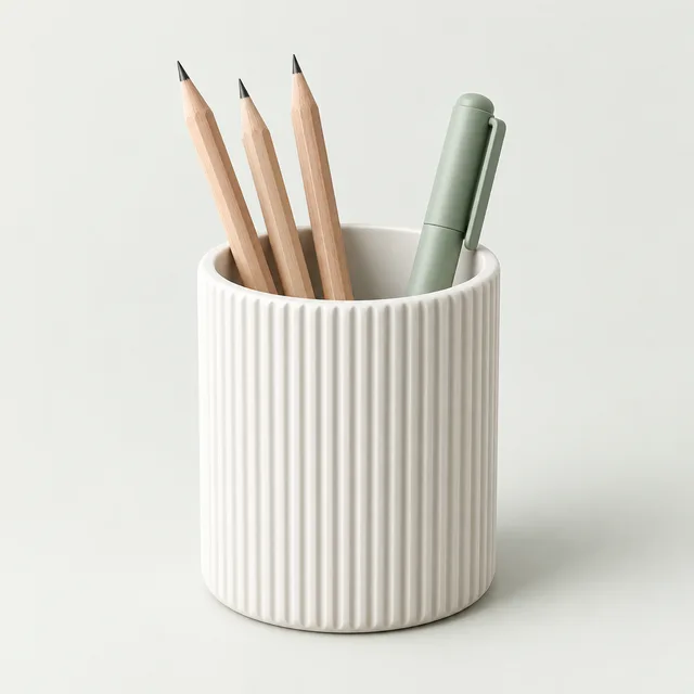 Concept render of a ribbed white pen cup holding pencils and a sage pen