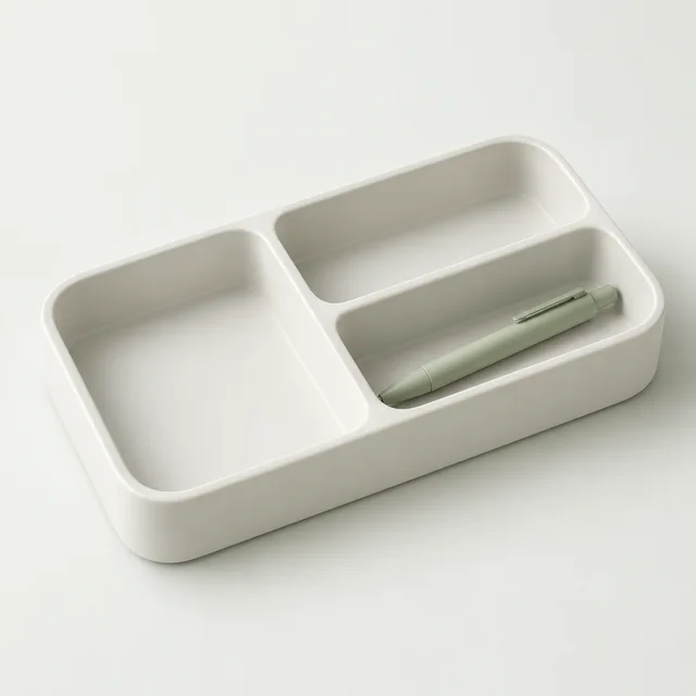 Concept render of a white rounded compartment tray with a pen